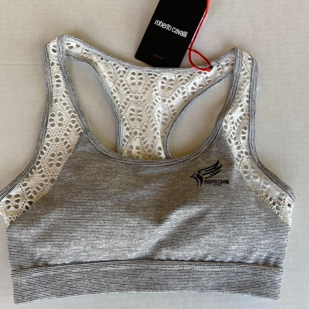 NEW Roberto Cavalli SPORT Heather Grey Crochet-Panel Sports Bra Women's XS‎ NWT